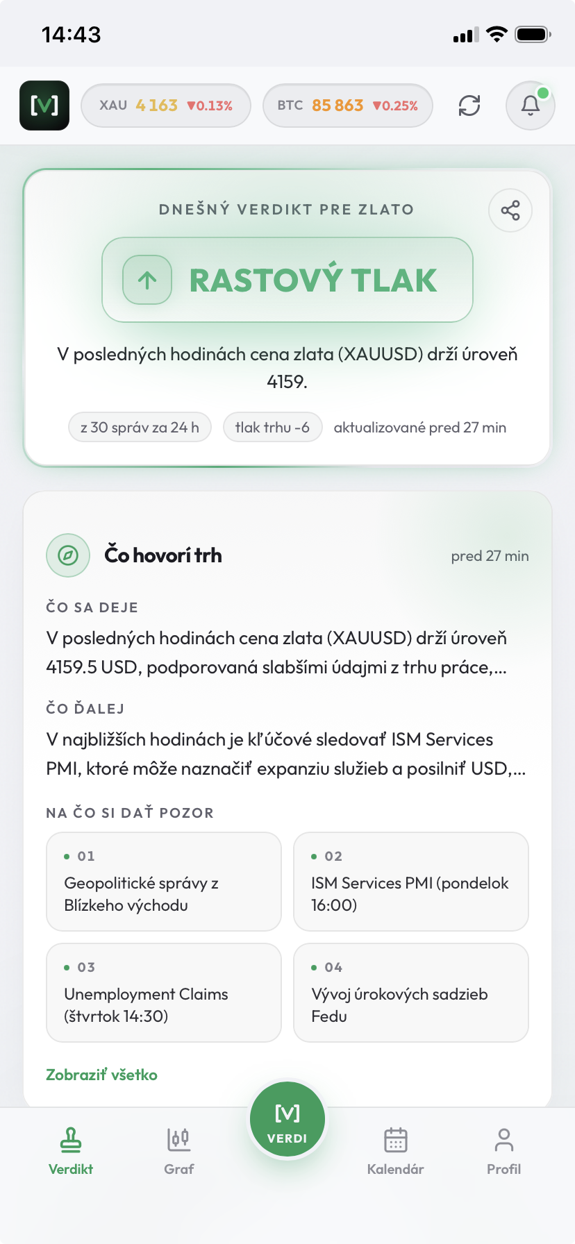 Mobilné rozhranie webovej aplikácie VERDICT so spodnou navigáciou