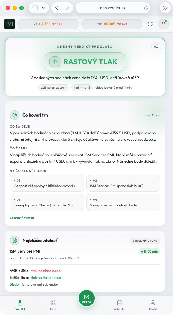 Mobilné rozhranie webovej aplikácie VERDICT so spodnou navigáciou